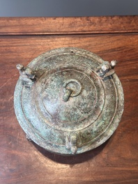 A rare Chinese archaic silver-inlaid bronze cosmetic box and cover, 'lian', Western Han