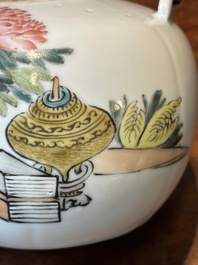 A Chinese qianjiang cai 'antiquities' teapot, Xu Pinheng 許品衡 signed, Tongzhi mark, dated 1889
