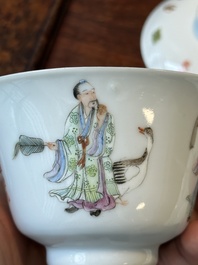 Four Chinese famille rose covered bowls, three with saucers and a 'dragon' bowl, signed Wang Darong 王大榕, 19/20th C.