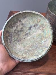 A rare Chinese archaic silver-inlaid bronze cosmetic box and cover, 'lian', Western Han