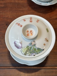 Four Chinese famille rose covered bowls, three with saucers and a 'dragon' bowl, signed Wang Darong 王大榕, 19/20th C.