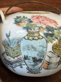 A Chinese qianjiang cai 'antiquities' teapot, Xu Pinheng 許品衡 signed, Tongzhi mark, dated 1889