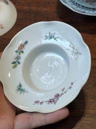 Four Chinese famille rose covered bowls, three with saucers and a 'dragon' bowl, signed Wang Darong 王大榕, 19/20th C.