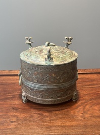 A rare Chinese archaic silver-inlaid bronze cosmetic box and cover, 'lian', Western Han