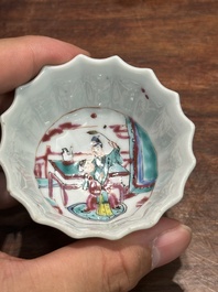 A pair of Chinese famille rose 'Xi Xiang Ji' cups and saucers, Yongzheng