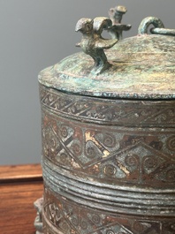 A rare Chinese archaic silver-inlaid bronze cosmetic box and cover, 'lian', Western Han