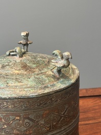 A rare Chinese archaic silver-inlaid bronze cosmetic box and cover, 'lian', Western Han