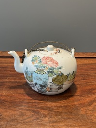 A Chinese qianjiang cai 'antiquities' teapot, Xu Pinheng 許品衡 signed, Tongzhi mark, dated 1889
