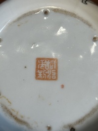 A Chinese qianjiang cai 'antiquities' teapot, Xu Pinheng 許品衡 signed, Tongzhi mark, dated 1889