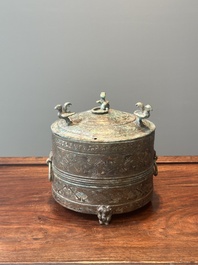 A rare Chinese archaic silver-inlaid bronze cosmetic box and cover, 'lian', Western Han