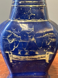 Pair of Chinese gilt-decorated powder-blue vases, Qianlong