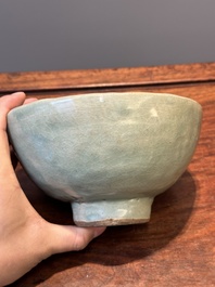 RETURNED 10/12/24 Two rare Chinese Longquan celadon bowls with figural anhua design, Yuan