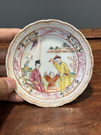 Six Chinese Canton famille rose 'mandarin subject' cups and saucers with four covers, Qianlong