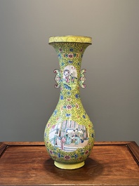 A Chinese Canton enamel yellow-ground vase, 19th C.