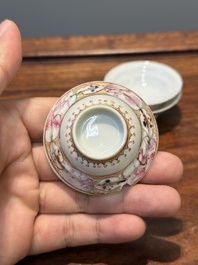 Six Chinese Canton famille rose 'mandarin subject' cups and saucers with four covers, Qianlong