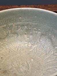 RETURNED 10/12/24 Two rare Chinese Longquan celadon bowls with figural anhua design, Yuan