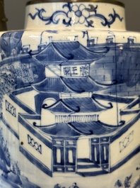 Een Chinese blauw-witte theepot met landschapsdecor en een schotel met kostbaarheden, 19e eeuw
