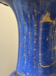 A pair of Chinese gilt-decorated powder-blue 'yenyen' vases with gilt bronze mounts, Kangxi