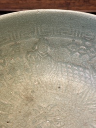 RETURNED 10/12/24 Two rare Chinese Longquan celadon bowls with figural anhua design, Yuan