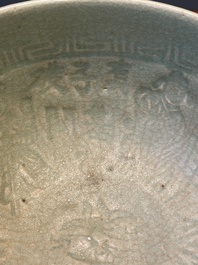 RETURNED 10/12/24 Two rare Chinese Longquan celadon bowls with figural anhua design, Yuan