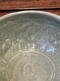 RETURNED 10/12/24 Two rare Chinese Longquan celadon bowls with figural anhua design, Yuan