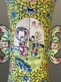 A Chinese Canton enamel yellow-ground vase, 19th C.
