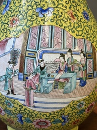 A Chinese Canton enamel yellow-ground vase, 19th C.