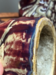 Paire de mod&egrave;les de paons en porcelaine de Chine &agrave; &eacute;mail flamb&eacute; sur socles en bois, 19&egrave;me