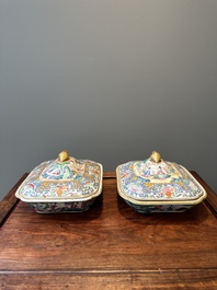 Een paar 'CSM' gemonogrammeerde Chinese famille rose dekselterrines, Jiaqing