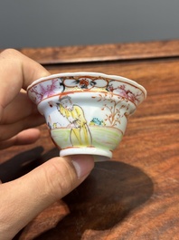 Six Chinese Canton famille rose 'mandarin subject' cups and saucers with four covers, Qianlong