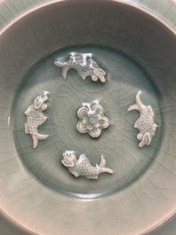 A Chinese Longquan celadon 'four carps' plate, Yuan or later