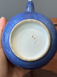 A Chinese gilt-decorated powder-blue teapot and cover with a faux-bamboo handle, Kangxi