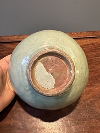 RETURNED 10/12/24 Two rare Chinese Longquan celadon bowls with figural anhua design, Yuan