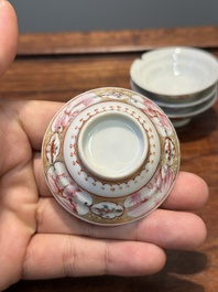 Six Chinese Canton famille rose 'mandarin subject' cups and saucers with four covers, Qianlong