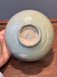 RETURNED 10/12/24 Two rare Chinese Longquan celadon bowls with figural anhua design, Yuan