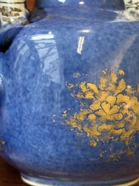 A Chinese gilt-decorated powder-blue teapot and cover with a faux-bamboo handle, Kangxi