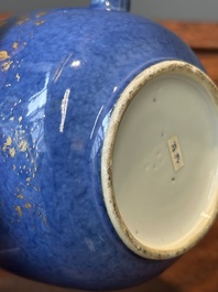 A Chinese gilt-decorated powder-blue teapot and cover with a faux-bamboo handle, Kangxi