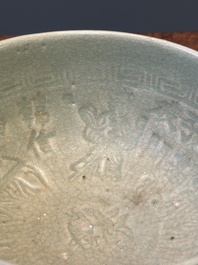RETURNED 10/12/24 Two rare Chinese Longquan celadon bowls with figural anhua design, Yuan
