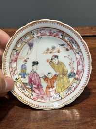 Six Chinese Canton famille rose 'mandarin subject' cups and saucers with four covers, Qianlong