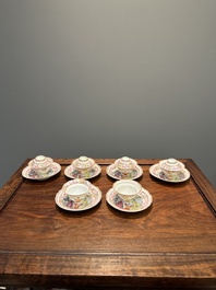 Six Chinese Canton famille rose 'mandarin subject' cups and saucers with four covers, Qianlong
