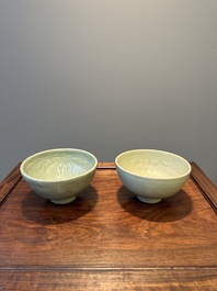 RETURNED 10/12/24 Two rare Chinese Longquan celadon bowls with figural anhua design, Yuan