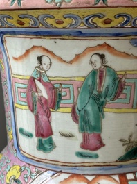 A pair of Chinese famille rose vases, a spittoon and a jar with cover, 19th C.