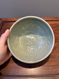 RETURNED 10/12/24 Two rare Chinese Longquan celadon bowls with figural anhua design, Yuan
