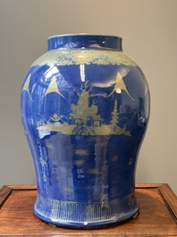 A Chinese gilt-decorated powder-blue vase with landscape design, Qianlong/jiaqing