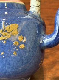 A Chinese gilt-decorated powder-blue teapot and cover with a faux-bamboo handle, Kangxi