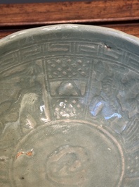 RETURNED 10/12/24 Two rare Chinese Longquan celadon bowls with figural anhua design, Yuan