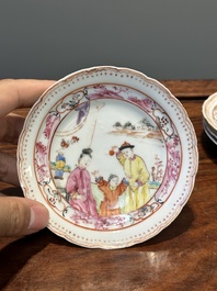 Six Chinese Canton famille rose 'mandarin subject' cups and saucers with four covers, Qianlong