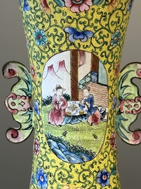A Chinese Canton enamel yellow-ground vase, 19th C.