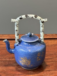 A Chinese gilt-decorated powder-blue teapot and cover with a faux-bamboo handle, Kangxi