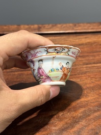 Six Chinese Canton famille rose 'mandarin subject' cups and saucers with four covers, Qianlong